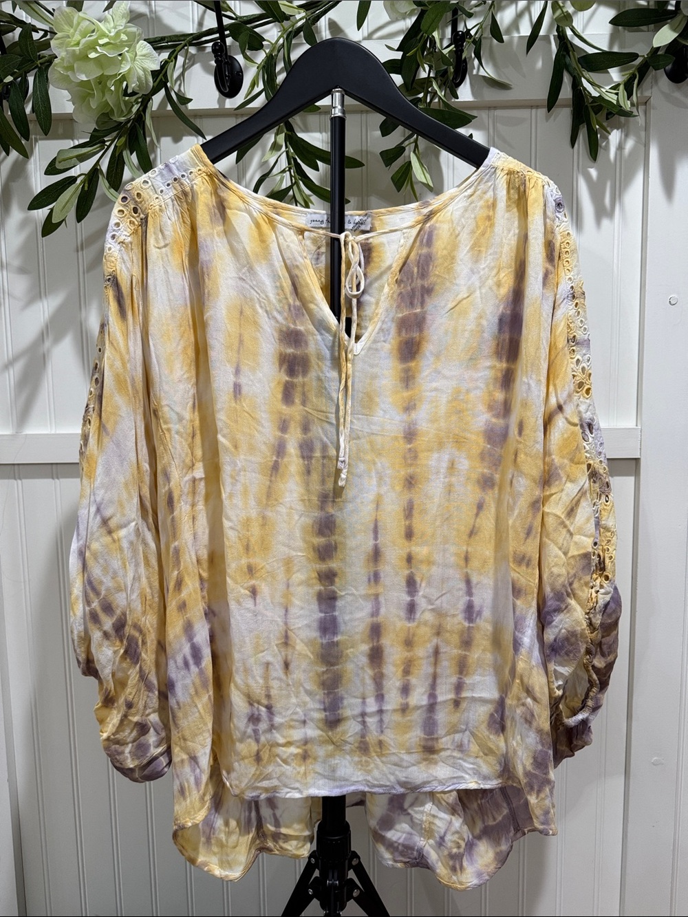 #132 YOUNG FABULOUS & BROKE Yellow Tie-Dye Eyelet Embroidery Peasant Blouse NWT